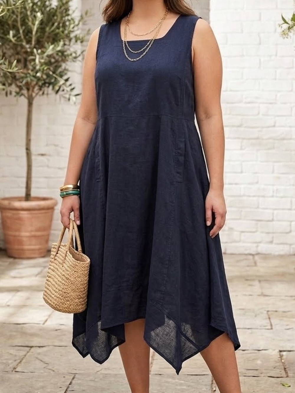 Cynthia Rowley Dress blue sleeveless linen-blend asymmetric handkerchief hem 4XL